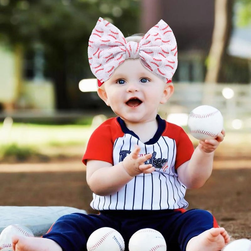 ONENINEDREAM Baseball Baby Bow Headband High Stretchy Soft Nylon Headbands for Infant Girls Toddler Handmade Hairbands with Bows Baseball Hair Accessories Red Blue - Image 3
